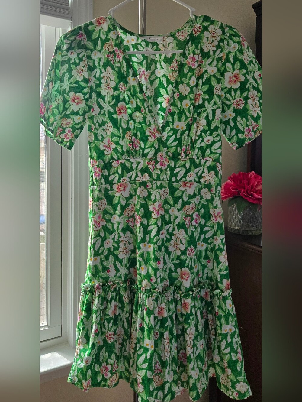 THML Green Floral Mini Dress with Pink & White Blooms